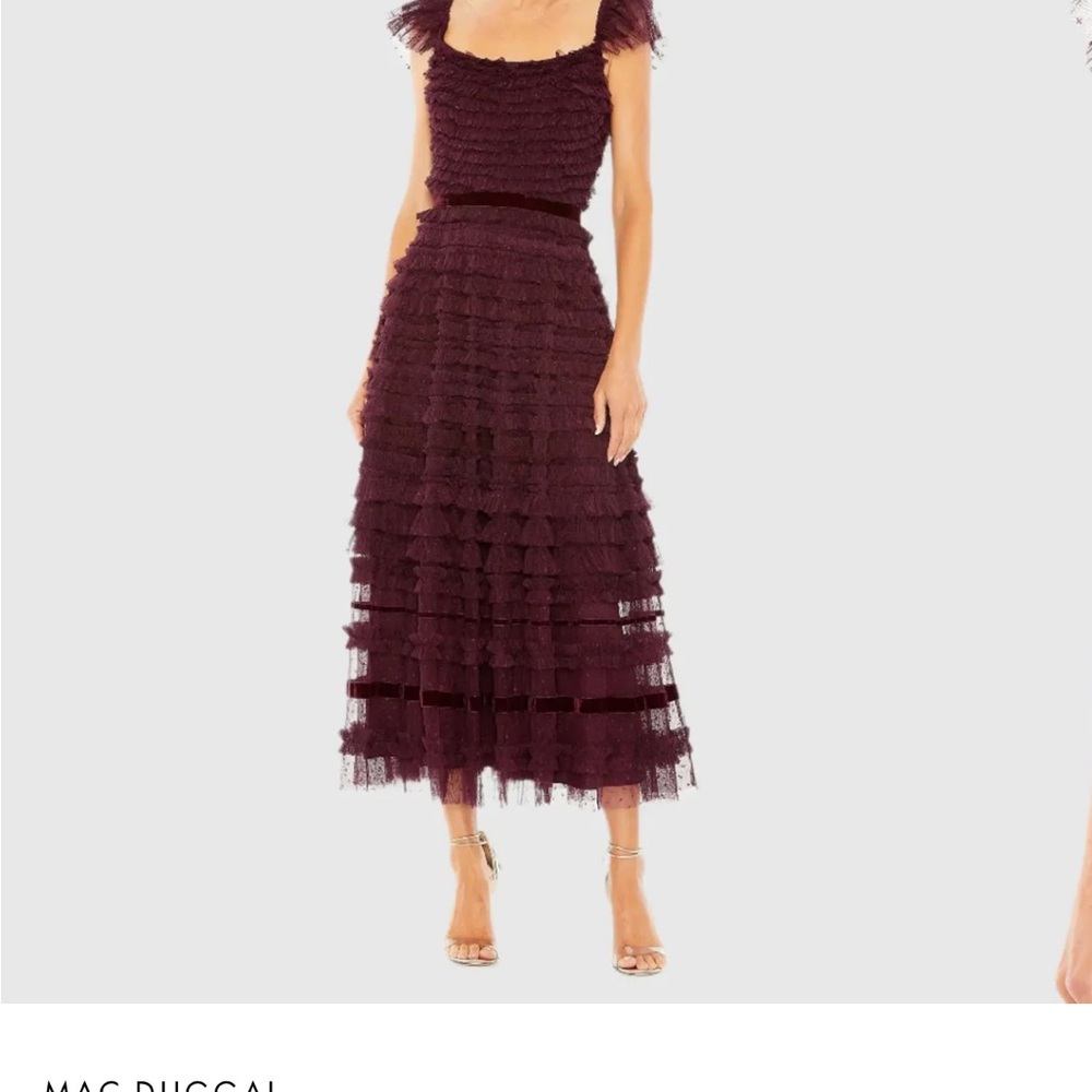 Mac Duggal Burgundy Ruffle Midi Dress